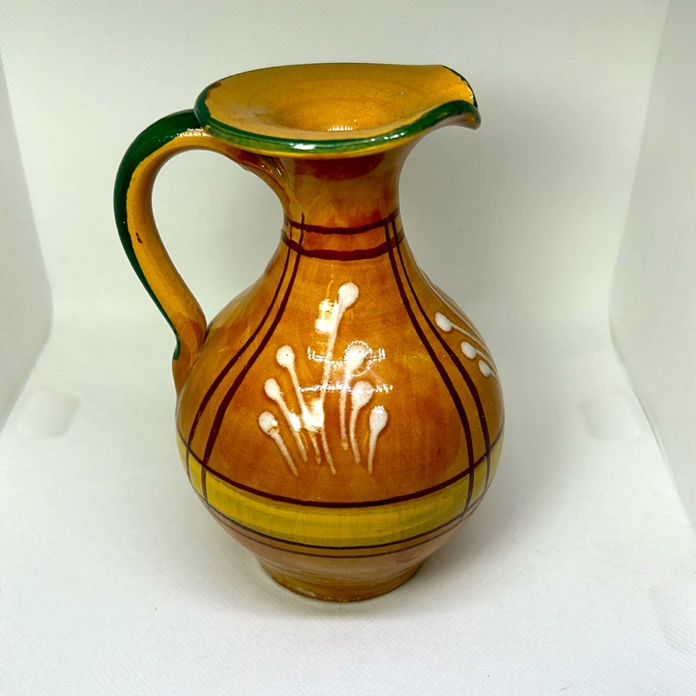 Hand Painted Ceramic Pitcher Vase Rustic Farmhouse Decor Small Jug Tan 5.5”